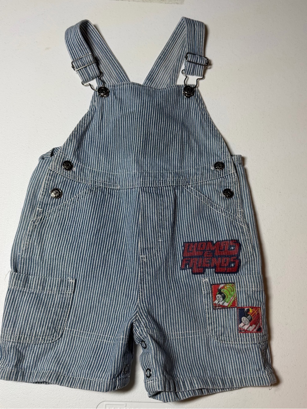 Vintage Thomas & Friends Striped Denim Shortalls Overalls, Embroidered, 24M
